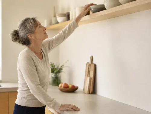 Femme d'une soixantaine d'années attrapant un bol sur une étagère haute dans sa cuisine