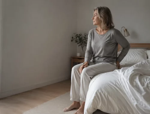 Femme d'une cinquantaine d'années assise au bord de son lit au petit matin, après une nuit interrompue par une douleur de hanche