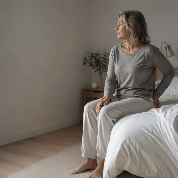 Femme d'une cinquantaine d'années assise au bord de son lit au petit matin, après une nuit interrompue par une douleur de hanche